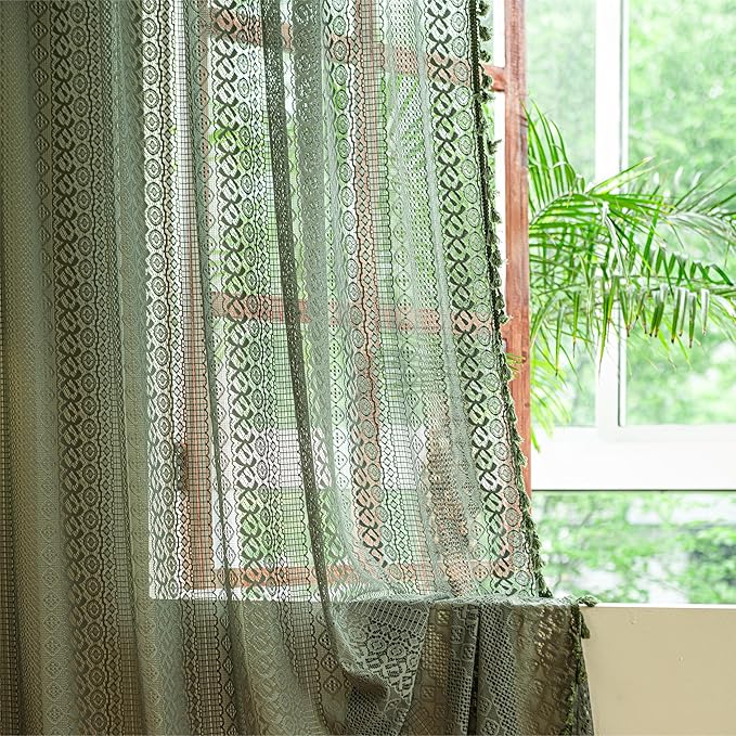 Sutuo Home Olive Green Boho Curtains 102 inches Long, Crochet Lace Sheer Bohemian Hollow Knitted Cute Tassels, Vintage Farmhouse for Bedroom Living Room Xmas Christmas Decor, 1 Panel 59" W x 102" L-Ruum Studio Home