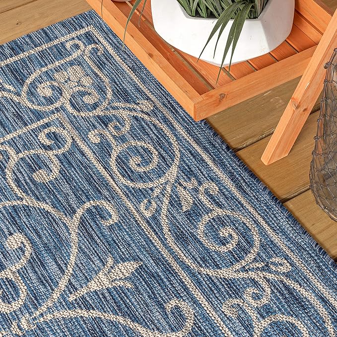 JONATHAN Y Vintage Filigree Indoor Outdoor Square Area Rug 8X8 Navy/Gray, Charleston Textured Weave for Backyard, Patio, Porch, Easy-Cleaning, High Traffic, Pet-Friendly, Non-Shedding (SMB106D-8SQ)-Ruum Studio Home
