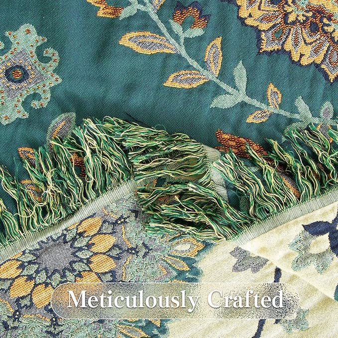 Boho Throw Blanket Twin Size, Soft Cozy Cotton Muslin Quilt Blanket for Bed Decor, Floral Patterned Couch Sofa Chair Cover, Vintage Farmhouse Cottage Tapestry Woven Blanket, Green&Beige-Ruum Studio Home
