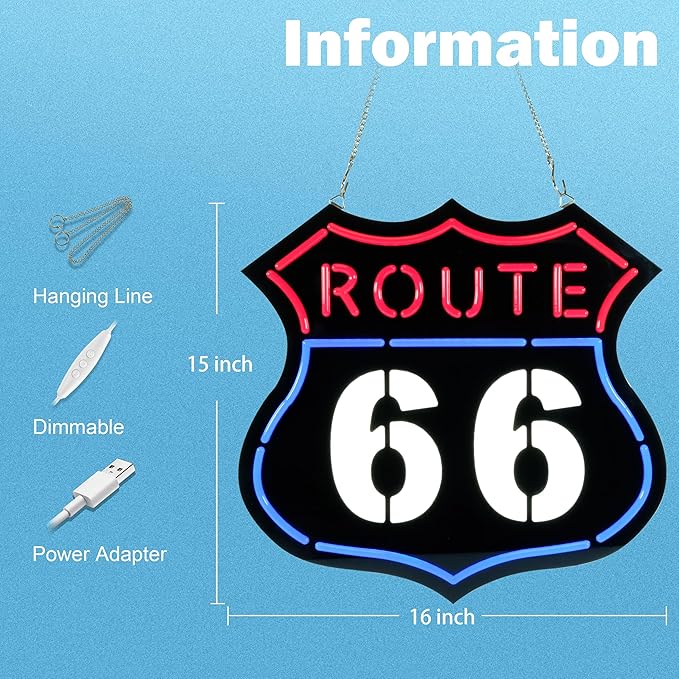 Ultrathin Route 66 Neon Sign Art Wall Lights for Bedroom Windows Glass Hotel Pub Cafe Wedding Birthday Party Gifts-Ruum Studio Home