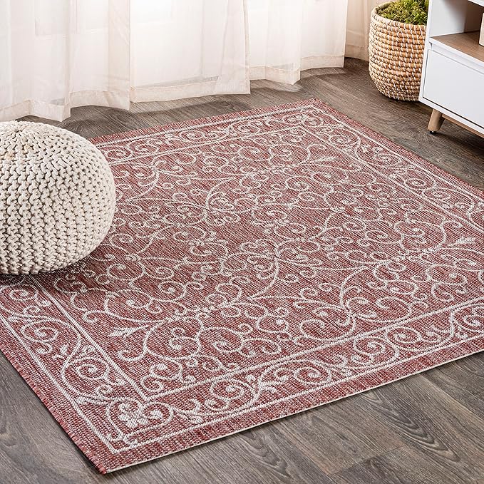 JONATHAN Y Vintage Filigree Indoor Outdoor Square Area Rug 4X4 Red/Beige, Charleston Textured Weave for Backyard, Patio, Porch, Easy-Cleaning, High Traffic, Pet-Friendly, Non-Shedding (SMB106B-4SQ)-Ruum Studio Home