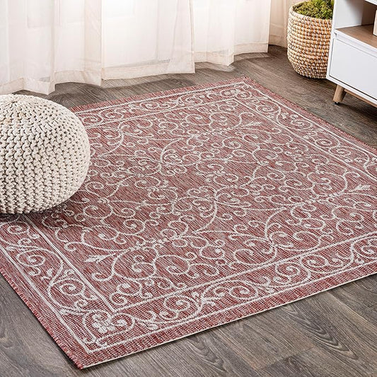 JONATHAN Y Vintage Filigree Indoor Outdoor Square Area Rug 6X6 Red/Beige, Charleston Textured Weave for Backyard, Patio, Porch, Easy-Cleaning, High Traffic, Pet-Friendly, Non-Shedding (SMB106B-6SQ)-Ruum Studio Home