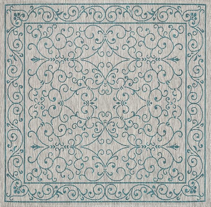 JONATHAN Y Vintage Filigree Indoor Outdoor Square Area Rug 5X5 Gray/Teal, Charleston Textured Weave for Backyard, Patio, Porch, Easy-Cleaning, High Traffic, Pet-Friendly, Non-Shedding (SMB106E-5SQ)-Ruum Studio Home