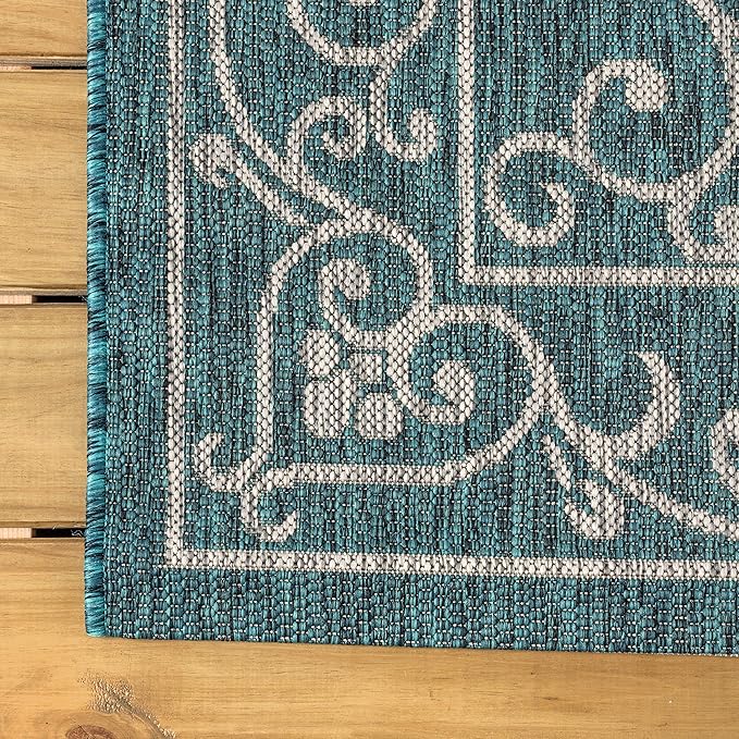 JONATHAN Y Vintage Filigree Indoor Outdoor Square Area Rug 6X6 Teal/Gray, Charleston Textured Weave for Backyard, Patio, Porch, Easy-Cleaning, High Traffic, Pet-Friendly, Non-Shedding (SMB106F-6SQ)-Ruum Studio Home