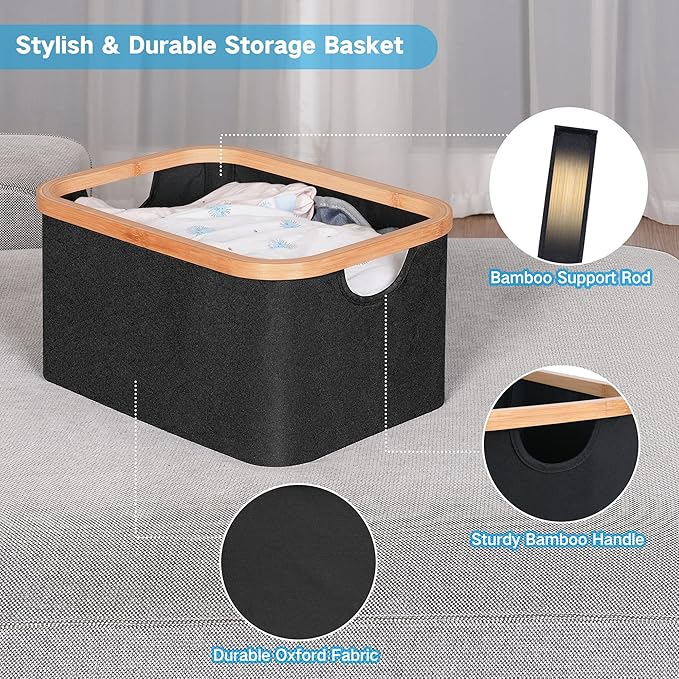 efluky Storage Baskets for Organizing, Fabric Storage Bins with Bamboo Handles, Collapsible Storage Baskets for Shelves and Closet, Black Set of 2-Ruum Studio Home