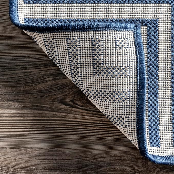 nuLOOM 6' 7" x 9' Outdoor Area Rug, Casual Design With Striped Border, Stain Resistant, Highly Durable, For Patio, Balcony, Bedroom, Living Room, Dining Room, Bathroom, Navy-Ruum Studio Home