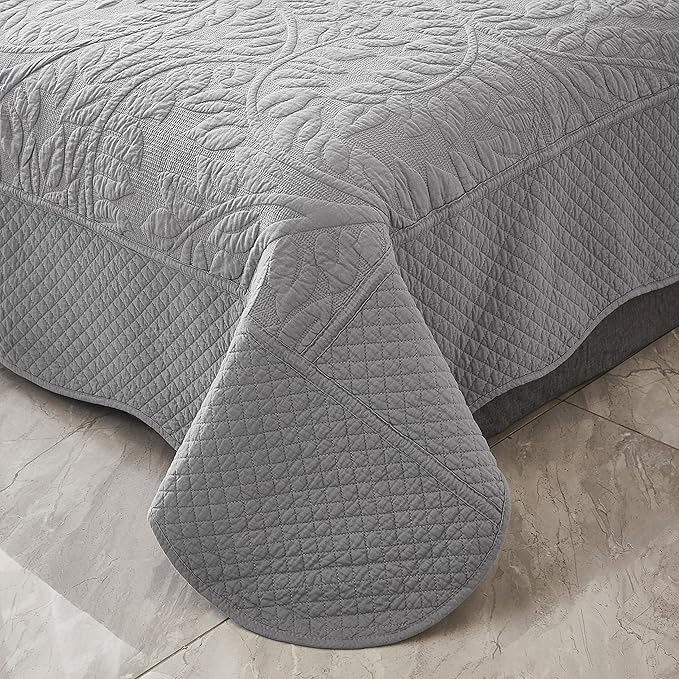 MarCielo 3-Piece 100% Cotton Oversized Bedspread Lightweight Quilt Coverlet Embroidery Farmhouse Bedding Set T0 (Light Grey, Twin (68"x86"))-Ruum Studio Home
