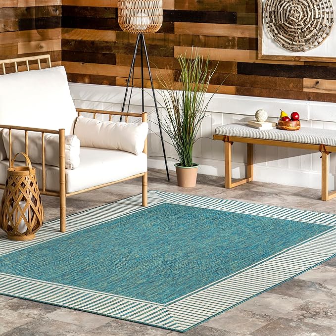 nuLOOM 5' x 8' Outdoor Area Rug, Casual Design With Striped Border, Stain Resistant, Highly Durable, For Patio, Balcony, Bedroom, Living Room, Dining Room, Bathroom, Teal-Ruum Studio Home