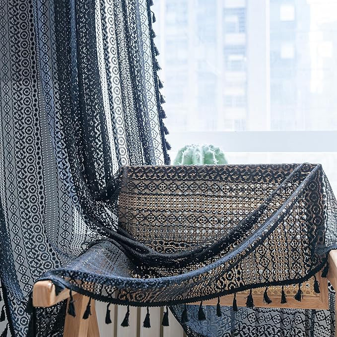 Sutuo Home Black Crochet Boho Curtain 63 Inches Length, Sheer Lace Handmade Tassels Knitted Window Treatment Vintage Rustic Bohemian Farmhouse Drape for Bedroom Rod Pocket 1 Panel 59" W x 63" L-Ruum Studio Home