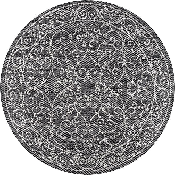 JONATHAN Y Vintage Filigree Indoor Outdoor Round Area Rug 8 Ft Black/Gray, Charleston Textured Weave for Backyard, Patio, Porch, Easy-Cleaning, High Traffic, Pet-Friendly, Non-Shedding (SMB106G-8R)-Ruum Studio Home