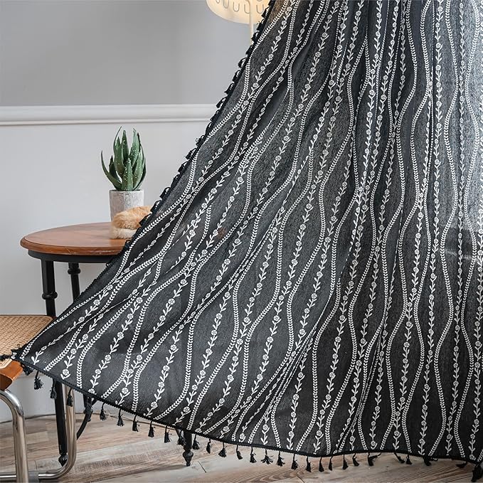 Sutuo Home Boho Curtains 96 Inches Long for Bedroom Living Room Kitchen, Stripe Floral Bohemian Tassels Country Window Treatment Drape for Halloween Decorations Rod Pocket, 1 Panel 59"W x 96"L,Black-Ruum Studio Home