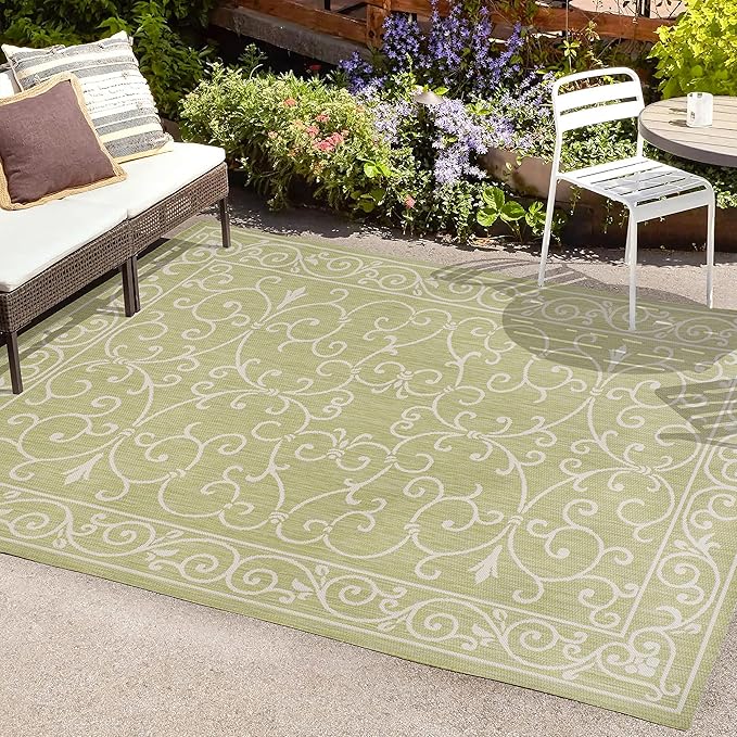 JONATHAN Y Vintage Filigree Indoor Outdoor Area Rug 9X12 Green/Cream, Charleston Textured Weave for Backyard, Patio, Porch, Easy-Cleaning, High Traffic, Pet-Friendly, Non-Shedding (SMB106H-9)-Ruum Studio Home