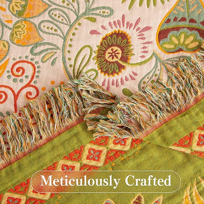 Boho Throw Blanket Queen Size, Oversized Soft Cozy Cotton Muslin Quilt Blanket for Bed Decor, Floral Patterned Couch Sofa Chair Cover, Vintage Farmhouse Cottage Woven Blanket, Coral&Green-Ruum Studio Home