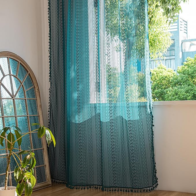 Sutuo Home Boho Curtains 96 inches Long for Bedroom Living Room Nursery Room, Crochet Lace Sheer Bohemian Hollow with Tassels,Window Treatment Drapes, Rod Pocket 1 Panel 59" W x 96" L, Turquoise-Ruum Studio Home