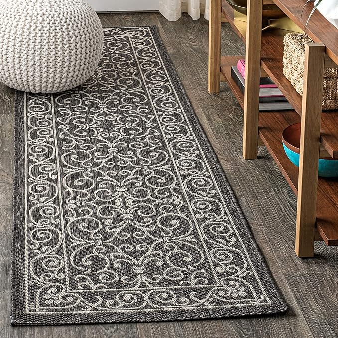 JONATHAN Y Vintage Filigree Indoor Outdoor Runner Rug 2X10 Black/Gray, Charleston Textured Weave for Backyard, Patio, Porch, Easy-Cleaning, High Traffic, Pet-Friendly, Non-Shedding (SMB106G-210)-Ruum Studio Home