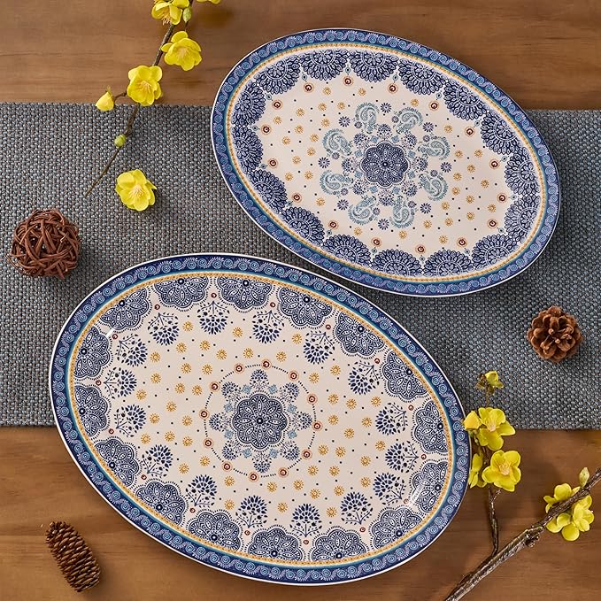 Bico Blue Talavera 16 plus 14 inch Oval Platters Set, Set of 2, Microwave and Dishwasher Safe, for Serving Fish, Chicken, Turkey-Ruum Studio Home