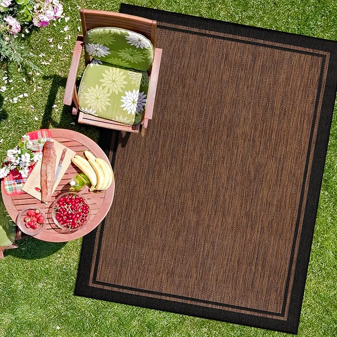 CAMILSON Indoor Outdoor Rug, 10x14 Bordered Nut Brown Black Modern Area Rugs for Indoor and Outdoor Patios, Kitchen and Hallway Mats, Washable Porch Deck Outside Carpet (Border Nut Brown Black 10 x14)-Ruum Studio Home