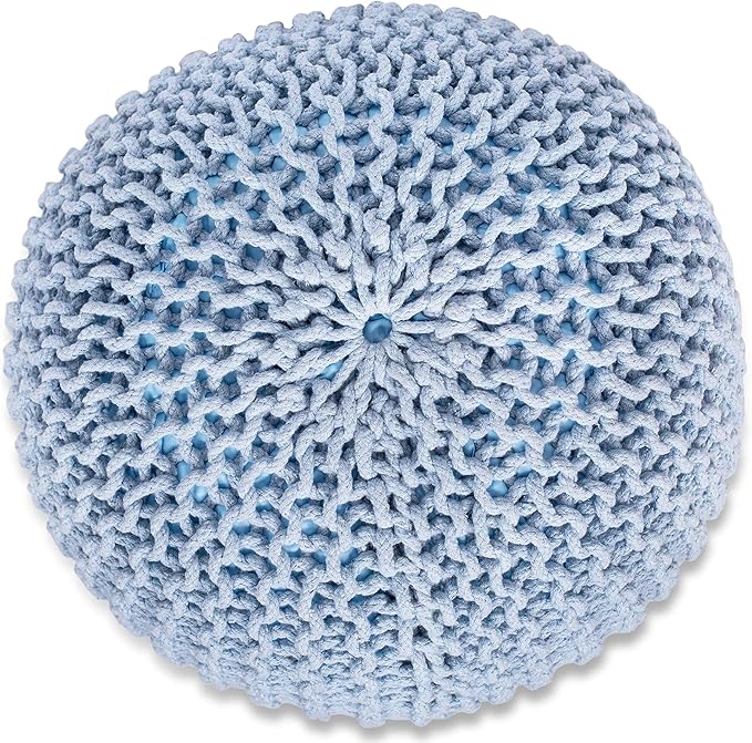 BIRDROCK HOME Round Pouf Ottoman | Cotton Braided Foot Stool with Bean Bag Filling | Boho Foot Rest for Living Room & Bedroom | Compact & Comfortable Seating, Lightweight & Soft | Soft Blue-Ruum Studio Home