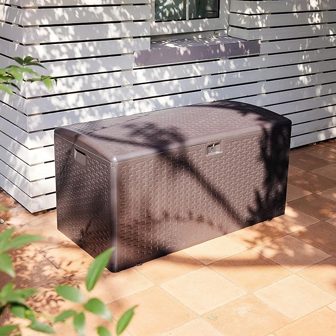 Amazon Basics Outdoor Organization & Storage Deck Box with Lid, 99 Gallon, Brown-Ruum Studio Home