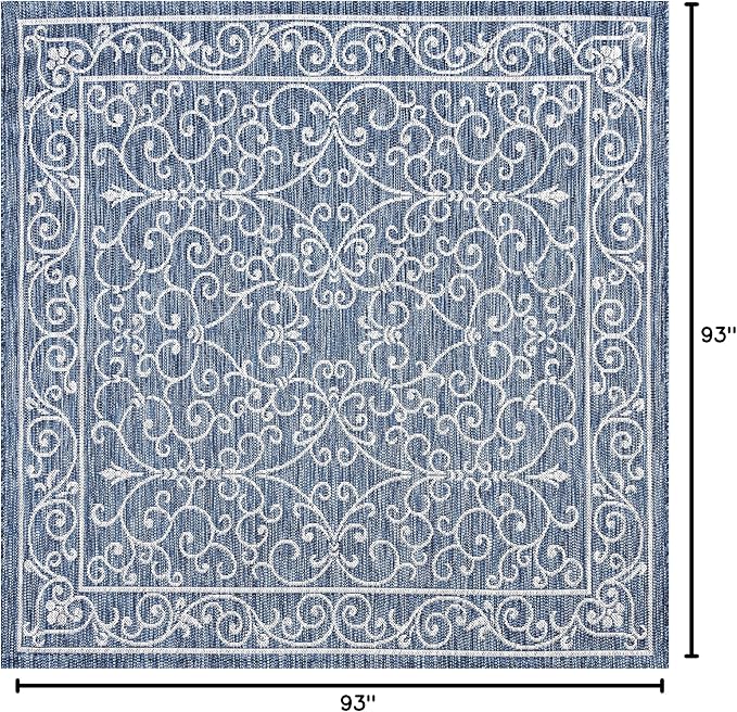 JONATHAN Y Vintage Filigree Indoor Outdoor Square Area Rug 8X8 Navy/Gray, Charleston Textured Weave for Backyard, Patio, Porch, Easy-Cleaning, High Traffic, Pet-Friendly, Non-Shedding (SMB106D-8SQ)-Ruum Studio Home