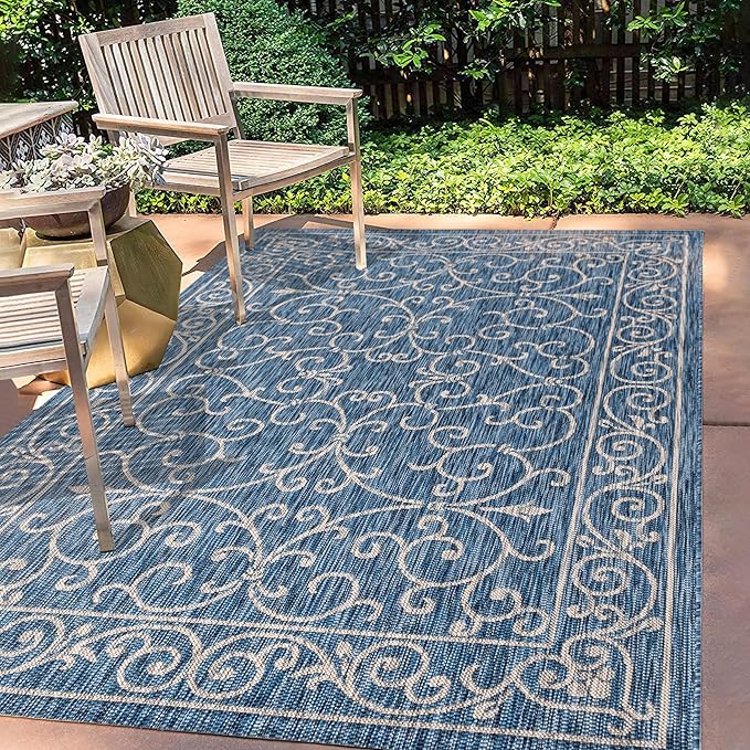 JONATHAN Y Vintage Filigree Indoor Outdoor Area Rug 8X10 Navy/Gray, Charleston Textured Weave for Backyard, Patio, Porch, Easy-Cleaning, High Traffic, Pet-Friendly, Non-Shedding (SMB106D-8)-Ruum Studio Home