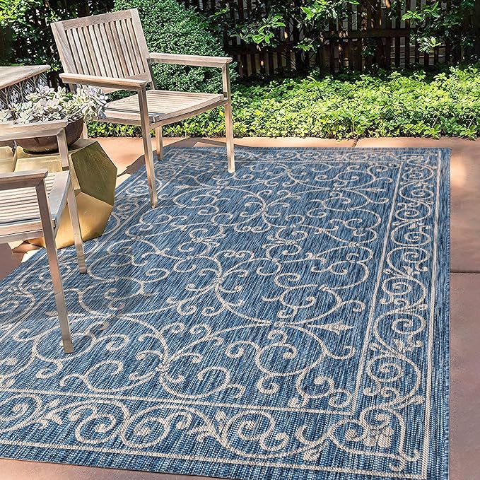 JONATHAN Y Vintage Filigree Indoor Outdoor Area Rug 5X8 Navy/Gray, Charleston Textured Weave for Backyard, Patio, Porch, Easy-Cleaning, High Traffic, Pet-Friendly, Non-Shedding (SMB106D-5)-Ruum Studio Home