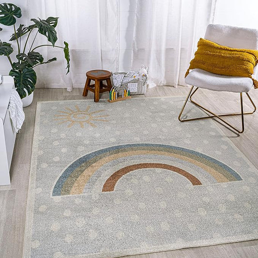 JONATHAN Y Machine-Washable Gray/Ivory/Yellow Indoor Area Rug, 5x8, Minha Rainbow Dots, Kids & Novelty, Casual, Classic, Bedroom, Kitchen, Living Room, Easy-Cleaning, Non-Shedding (KDW102A-5)-Ruum Studio Home