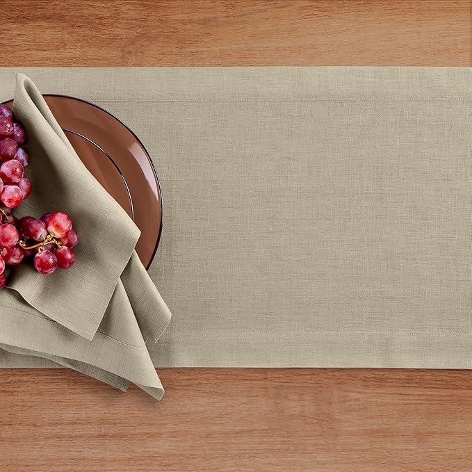 Solino Home Linen Table Runner 60 Inches - 100% Pure Linen Vintage Khaki Table Runner 14 x 60 Inch Ideal for Dresser and Coffee Tables - Fall, Autumn, Thanksgiving - Fete-Ruum Studio Home