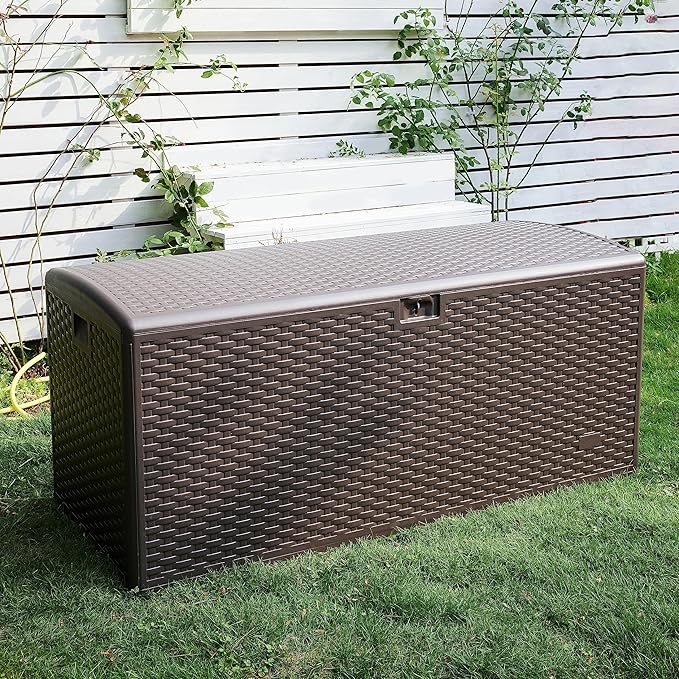 Amazon Basics Outdoor Patio Storage Box 150 Gallon Deck Box, Waterproof and Weather-resistant, Furniture Cushions Garden Tools, Brown-Ruum Studio Home