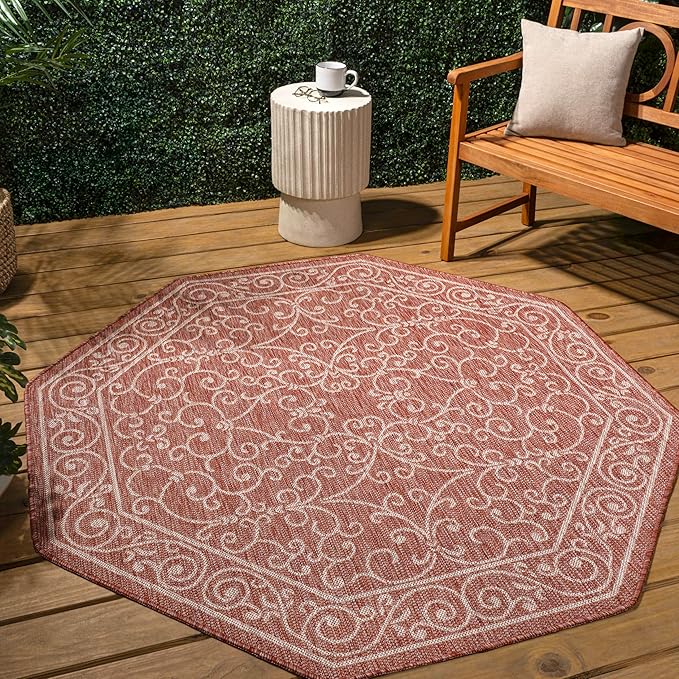 JONATHAN Y Vintage Filigree Indoor Outdoor Octagon Area Rug 8 Ft Red/Beige, Charleston Textured Weave for Backyard, Patio, Porch, Easy-Cleaning, High Traffic, Pet-Friendly, Non-Shedding SMB106B-8TGN-Ruum Studio Home