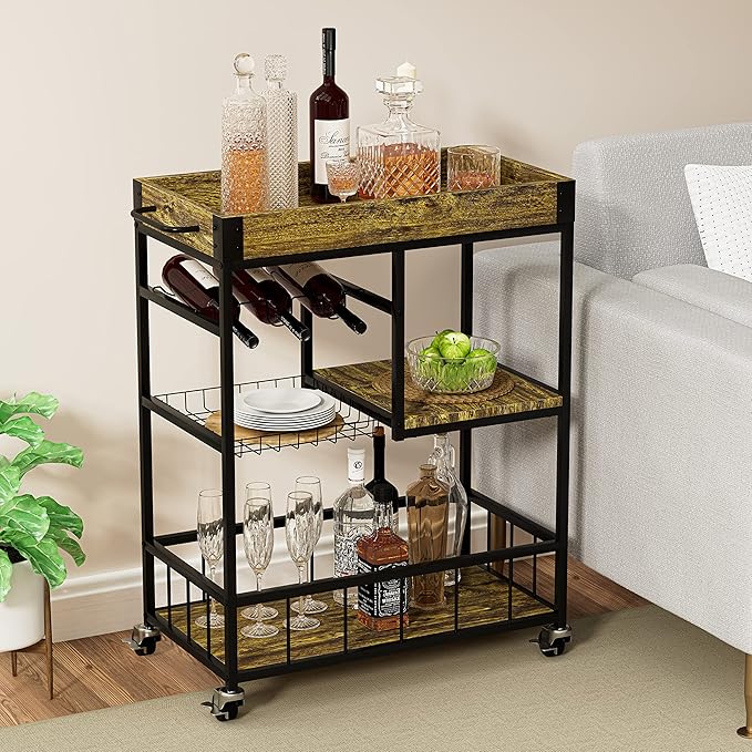 Bar Cart with Basket 3 Tiers Home Rolling Wine Rack with Wheels Mobile Kitchen Industrial Vintage Style Wood Metal Serving Trolley Serving Cart,Glass Holder Bar Cabinet-Ruum Studio Home