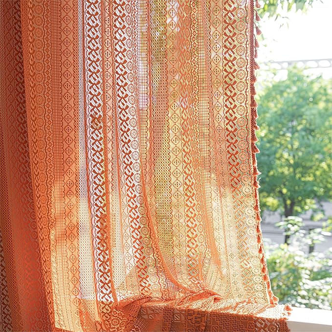 Sutuo Home Burnt Orange Boho Curtains 84 inches Long for Bedroom Living Room, Terracotta Crochet Lace Sheer Bohemian Hollow Knitted Tassels,Window Treatment Drapes Fall Decor, 1 Panel 59" W x 84" L-Ruum Studio Home