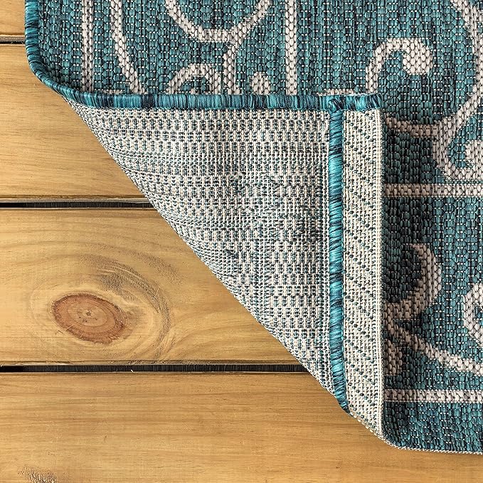 JONATHAN Y Vintage Filigree Indoor Outdoor Round Area Rug 8 Ft Teal/Gray, Charleston Textured Weave for Backyard, Patio, Porch, Easy-Cleaning, High Traffic, Pet-Friendly, Non-Shedding (SMB106F-8R)-Ruum Studio Home