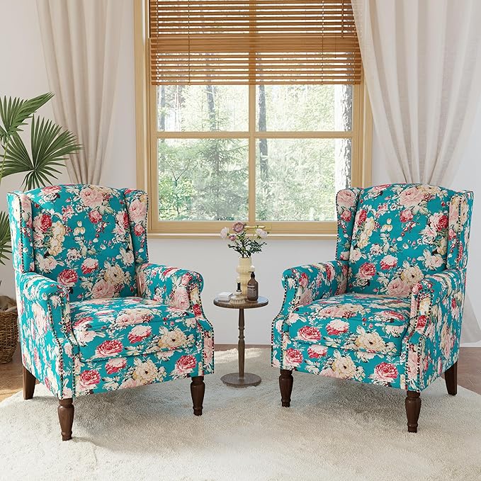 Lumibee High Back Accent Chair Set of 2, Armchair in Fabric,Comfy Upholstered Wingback Single Sofa Reading Chairs with Solid Wood Legs for Living Room,Bedroom,Office-Peacock Blue-Ruum Studio Home