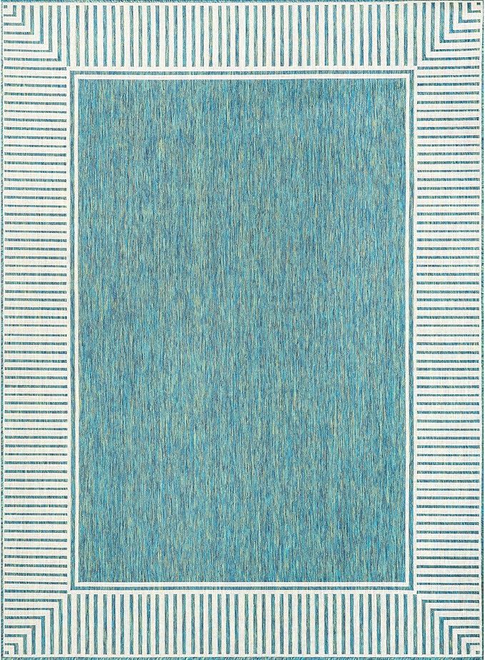nuLOOM 4' x 6' Outdoor Area Rug, Casual Design With Striped Border, Stain Resistant, Highly Durable, For Patio, Balcony, Bedroom, Living Room, Dining Room, Bathroom, Teal-Ruum Studio Home