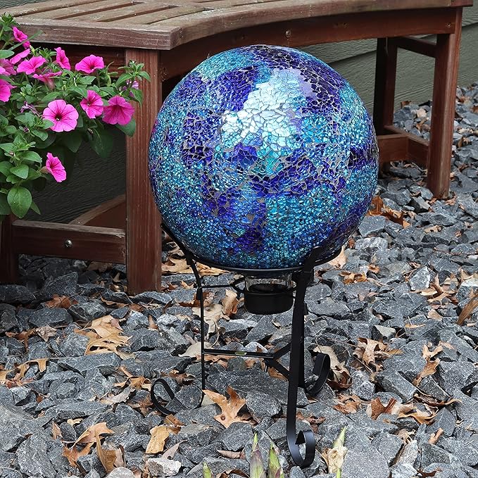 Sunnydaze 10-inch Gazing Ball for Garden - Crackled Glass Mosaic Gazing Globe for Outside - Deep Ocean Swirl Mosaic-Ruum Studio Home
