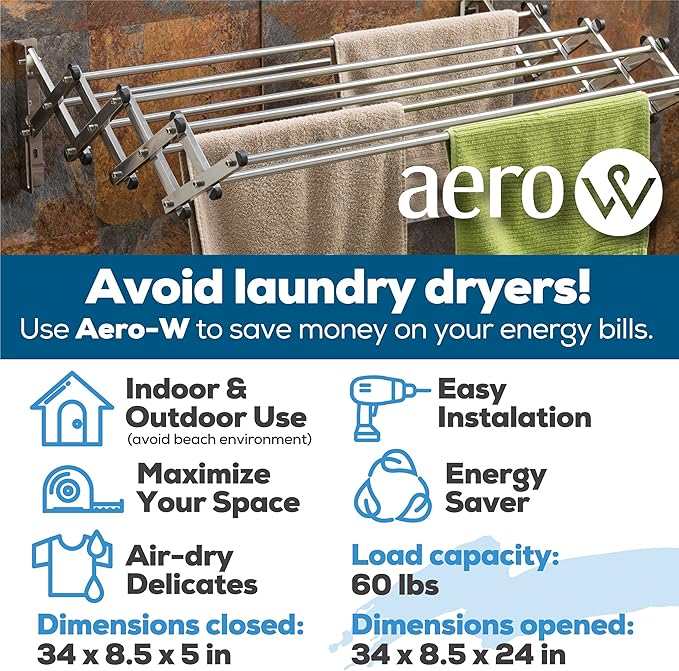AERO W Racks Stainless Steel Wall Mounted Collapsible Laundry Clothes Drying Rack 60 Pound Capacity 22.5 Linear Ft-Ruum Studio Home