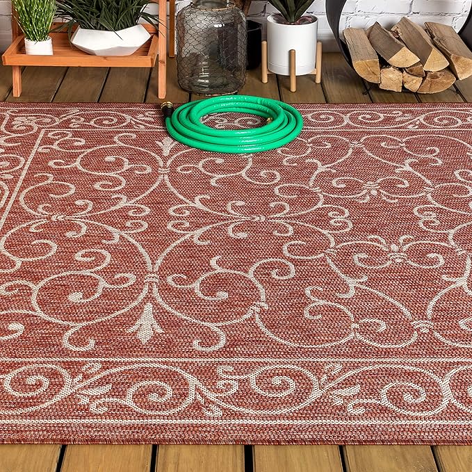JONATHAN Y Vintage Filigree Indoor Outdoor Area Rug 9X12 Red/Beige, Charleston Textured Weave for Backyard, Patio, Porch, Easy-Cleaning, High Traffic, Pet-Friendly, Non-Shedding (SMB106B-9)-Ruum Studio Home