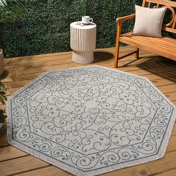 JONATHAN Y Vintage Filigree Indoor Outdoor Octagon Area Rug 5 Ft Gray/Teal, Charleston Textured Weave for Backyard, Patio, Porch, Easy-Cleaning, High Traffic, Pet-Friendly, Non-Shedding SMB106E-5TGN-Ruum Studio Home