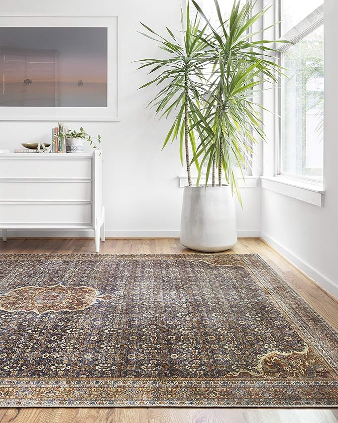 Loloi Layla Collection LAY-09 Cobalt Blue/Spice 2'-6" x 7'-6" .13" Thick Runner Rug, Soft, Durable, Vintage Inspired, Distressed, Low Pile, Non-Shedding, Easy Clean, Printed, Living Room Rug-Ruum Studio Home