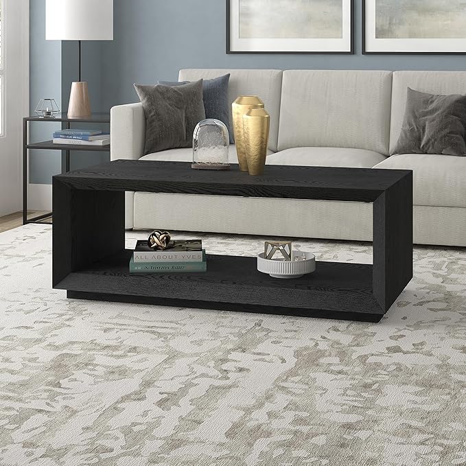 Henn&Hart 48" Rectangular Coffee Table with Open Storage Shelf for Living Room, Family Room, or Office, Black Grain-Ruum Studio Home