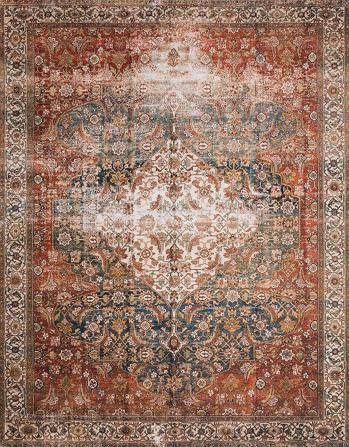 Loloi Layla Collection LAY-05 Ocean/Multi 3'-6" x 5'-6" .13" Thick Accent Rug, Soft, Durable, Vintage Inspired, Distressed, Low Pile, Non-Shedding, Easy Clean, Printed, Living Room Rug-Ruum Studio Home