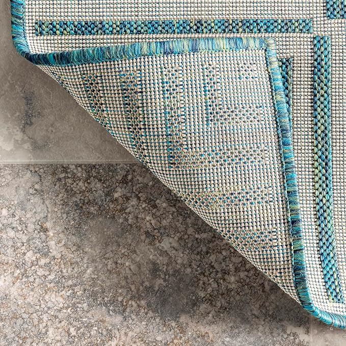nuLOOM 5' x 8' Outdoor Area Rug, Casual Design With Striped Border, Stain Resistant, Highly Durable, For Patio, Balcony, Bedroom, Living Room, Dining Room, Bathroom, Teal-Ruum Studio Home