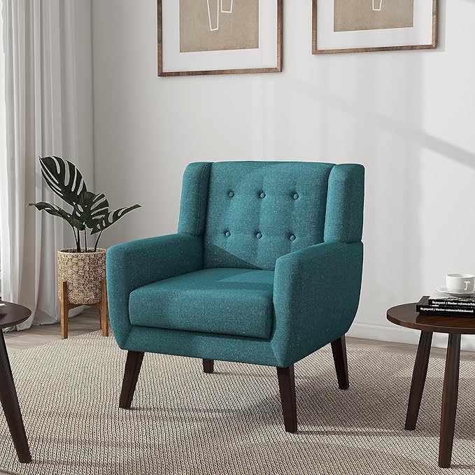 UIXE Accent Chair Modern Arm Chair, Mid Century Upholstered Club Armchair, Comfy Single Lounge Sofa Living Room Button Tufted Armrest Reading Seat Bedroom Side Seating, Turquoise Blue-Ruum Studio Home