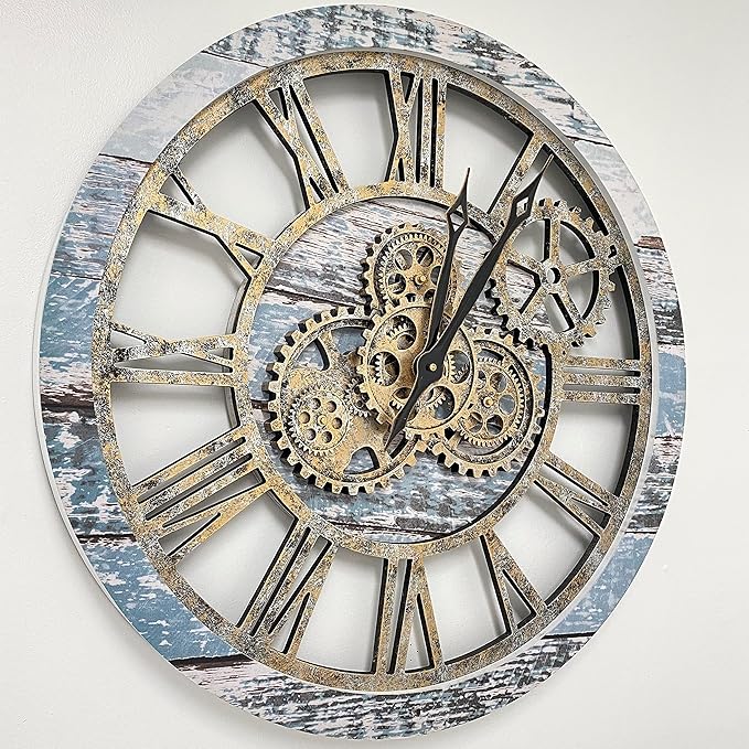 The Original Real Moving Gear Wall Clock Vintage Industrial Oversized Rustic Farmhouse (24 inch (60cm), Vintage Aqua Green and Bronze)-Ruum Studio Home