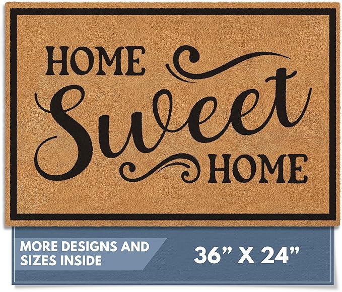Barnyard Designs Natural Coco Coir Heavy Duty Backing Doormat - Large Cute Non-Slip Front Door Welcome Mat for Outside Entrance or Porch Entry, Brown (24x36, Home Sweet Home)-Ruum Studio Home