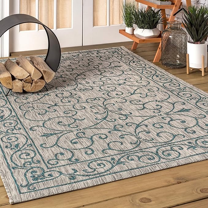 JONATHAN Y Vintage Filigree Indoor Outdoor Area Rug 10X14 Gray/Teal, Charleston Textured Weave for Backyard, Patio, Porch, Easy-Cleaning, High Traffic, Pet-Friendly, Non-Shedding (SMB106E-14)-Ruum Studio Home