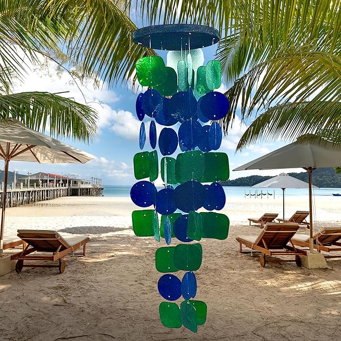 Bellaa 24858 Wind Chimes Outdoor, Garden Decorations, Musical, Indoor/Outside Windchimes, Beach, Ocean Breeze, Gifts for Mom, Gift for All Occasions, Capiz Sea Glass Shells Wood 27 inch Green Blue-Ruum Studio Home