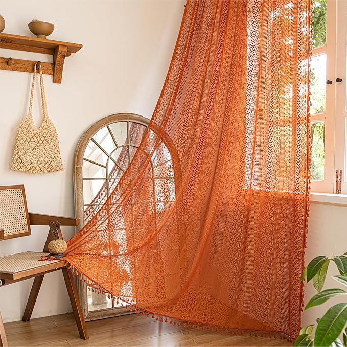 Sutuo Home Boho Curtains for Bedroom Kitchen Crochet Lace Sheer Bohemian Hollow Knitted with Tassels, Window Treatment Privacy Vintage Rustic Farmhouse Drapes, Rod Pocket 1 Panel 59" W x 63" L, Orange-Ruum Studio Home