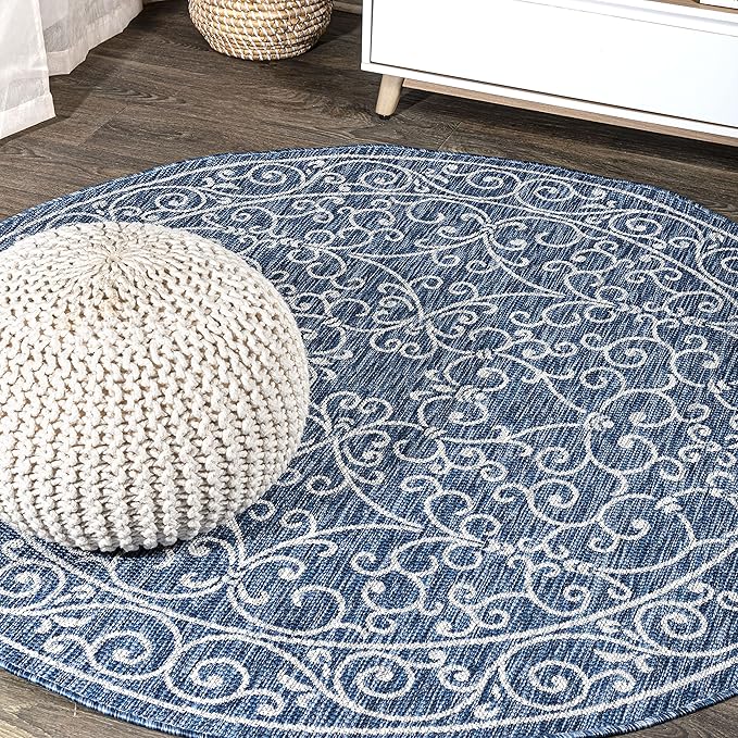 JONATHAN Y Vintage Filigree Indoor Outdoor Round Area Rug 4 Ft Navy/Gray, Charleston Textured Weave for Backyard, Patio, Porch, Easy-Cleaning, High Traffic, Pet-Friendly, Non-Shedding (SMB106D-4R)-Ruum Studio Home
